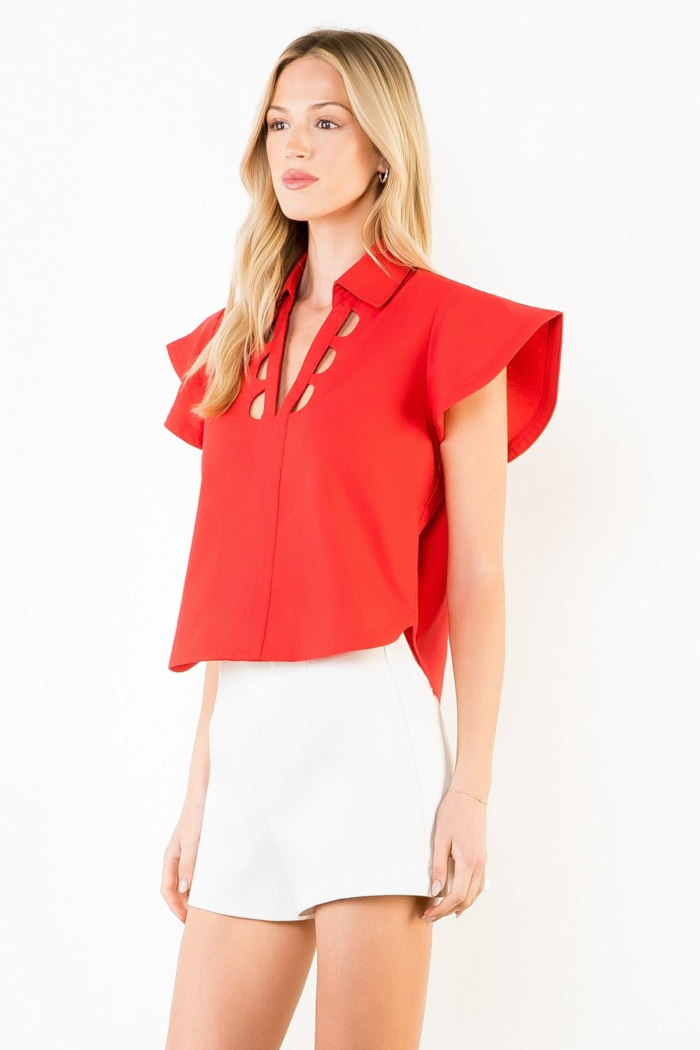 THML Cutout Neckline Top- red