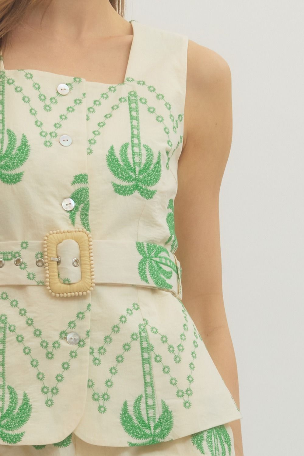 ETO Embroidered Palm Motif Peplum Short Set- Green