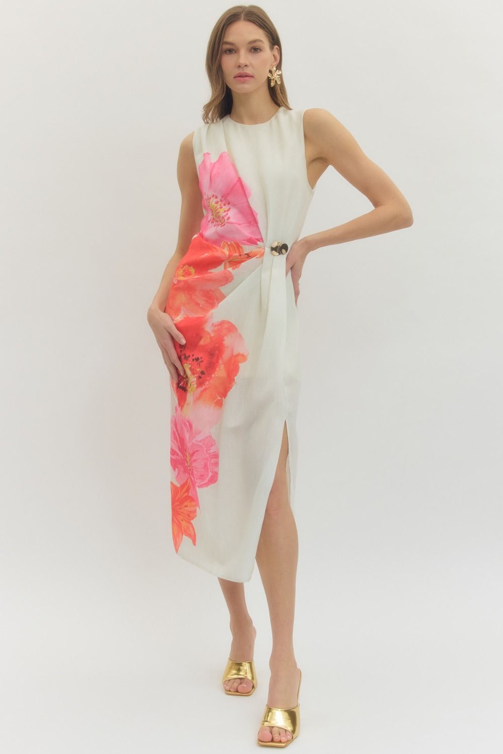 ETO Floral Slvless Midi Dress- Cream