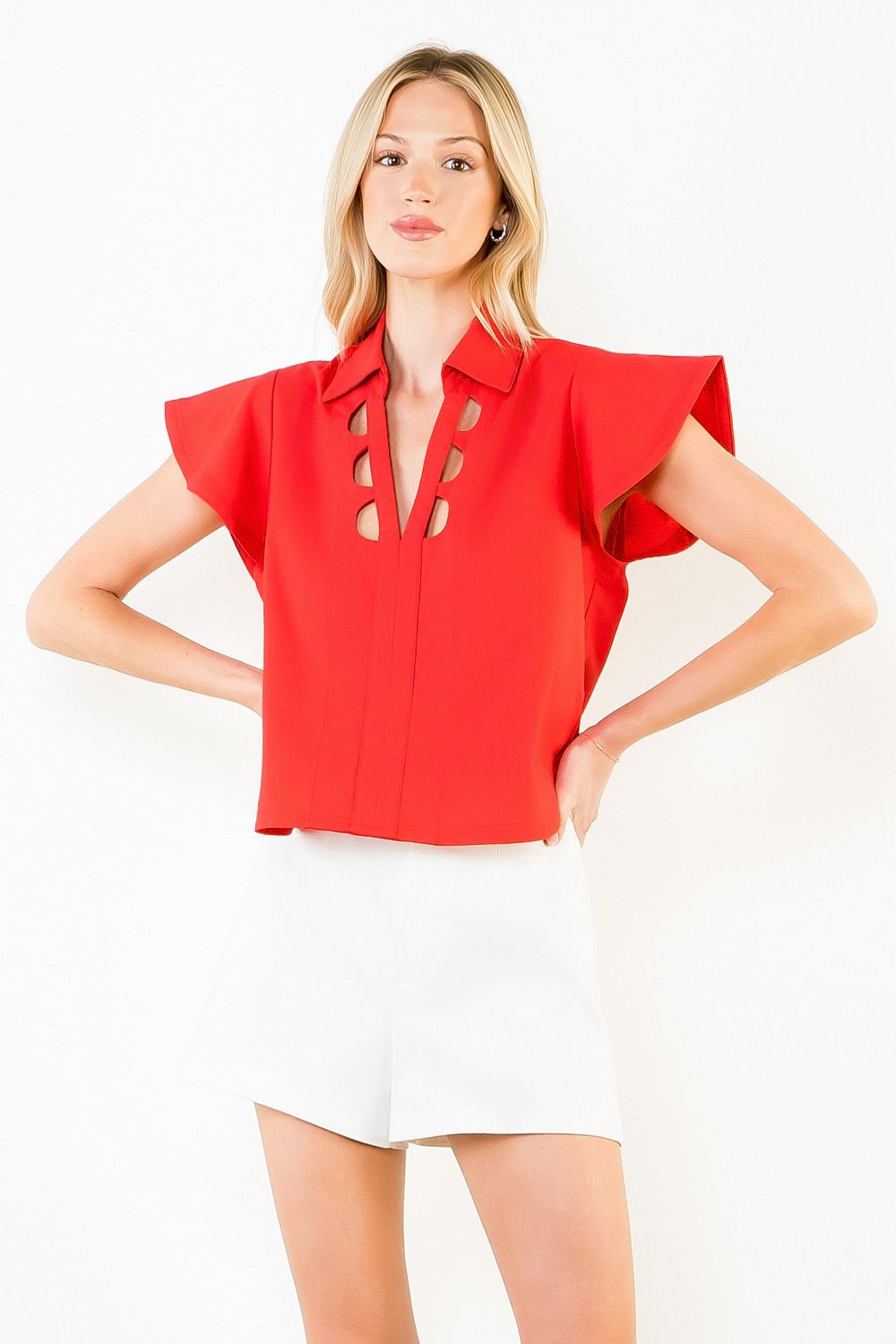 THML Cutout Neckline Top- red