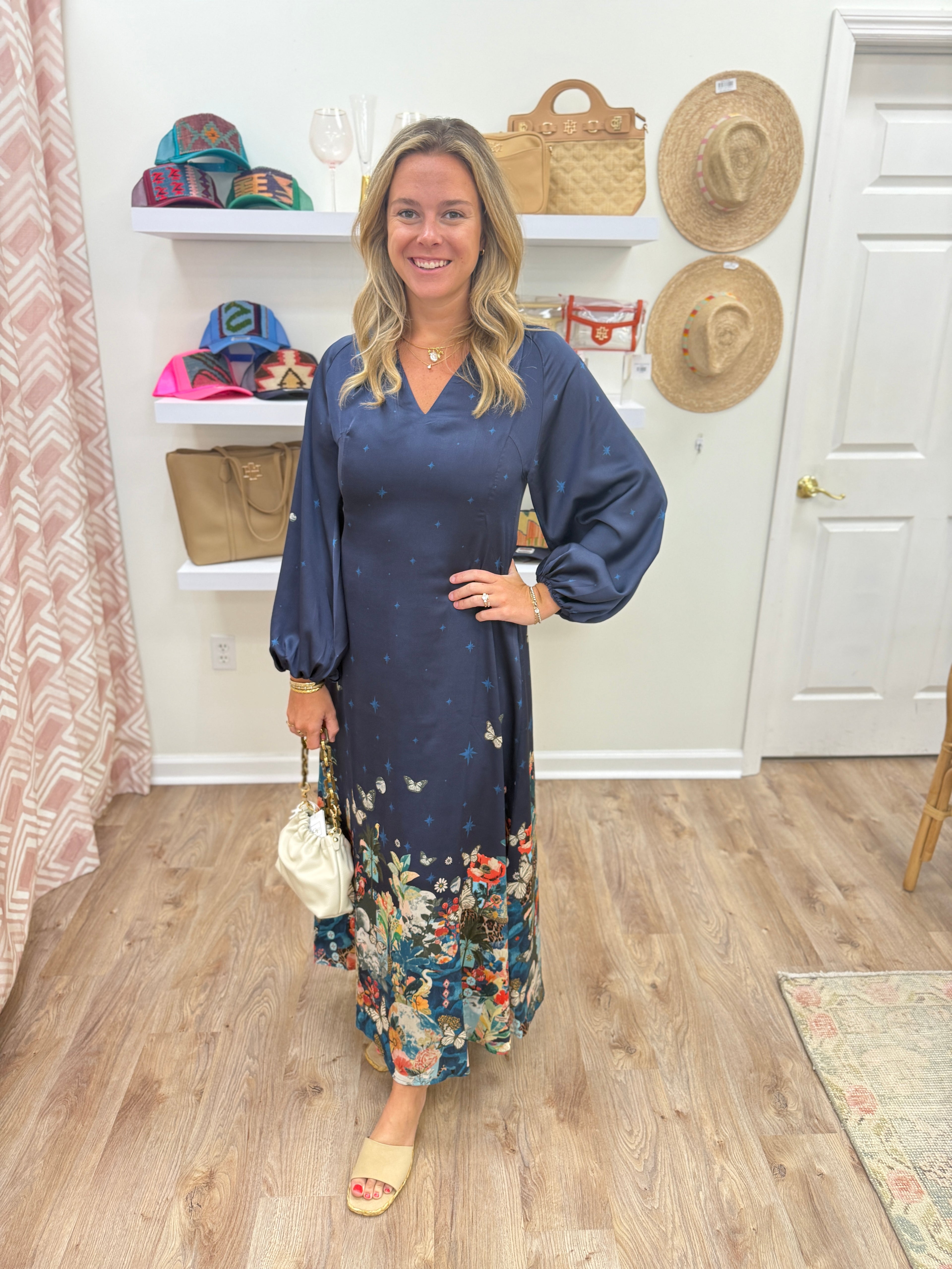 Vilagallo LS Butterfly Floral Maxi- Navy