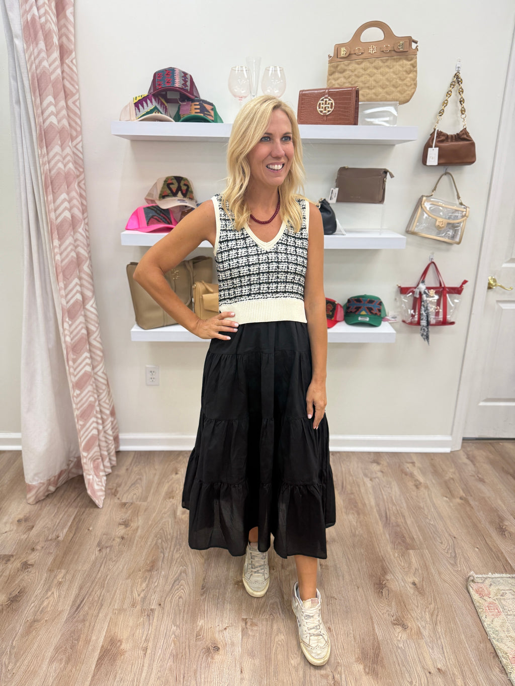 Apricot Dogtooth Mixed Media Dress- black