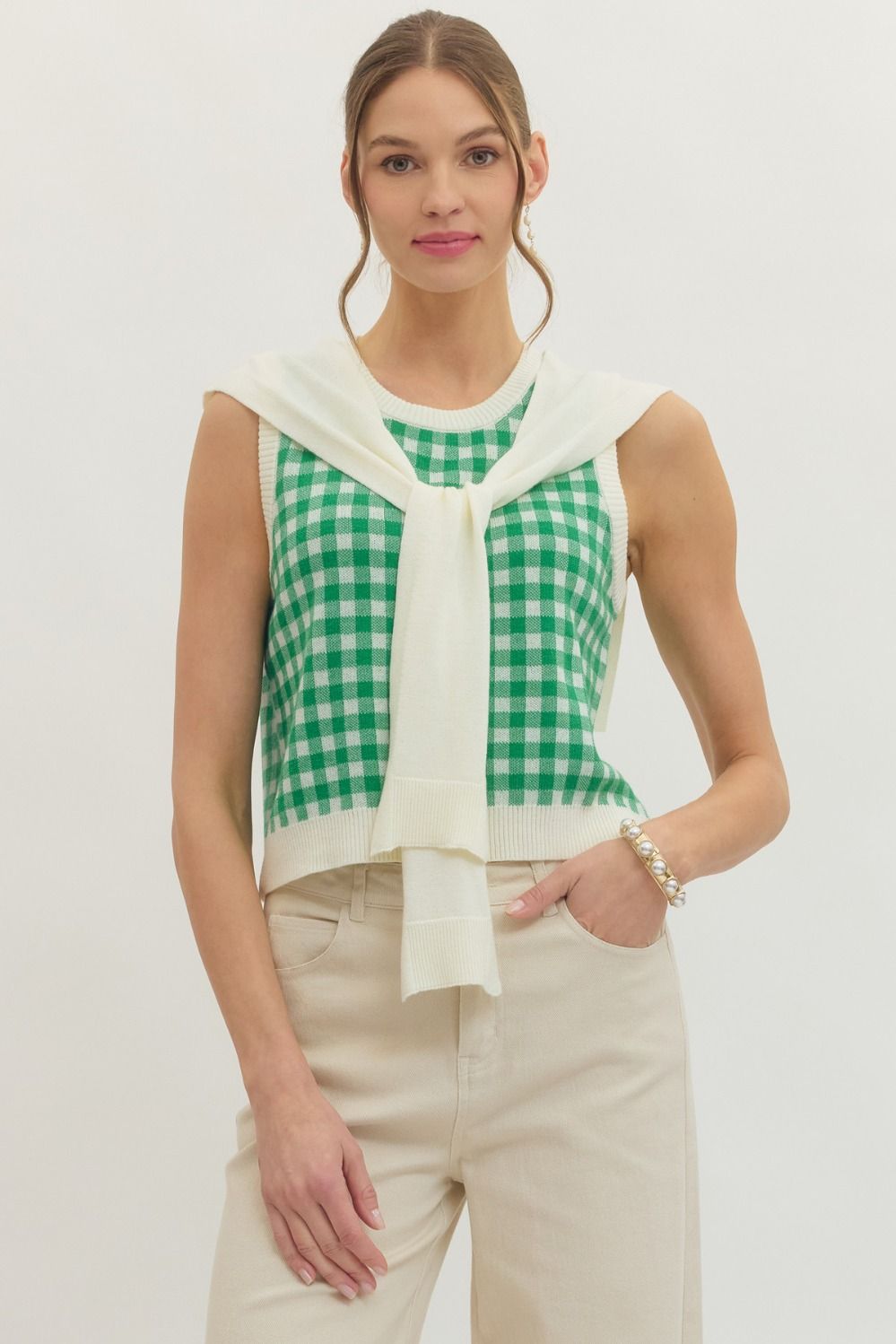 ETO Knit Plaid Tie Top- Green