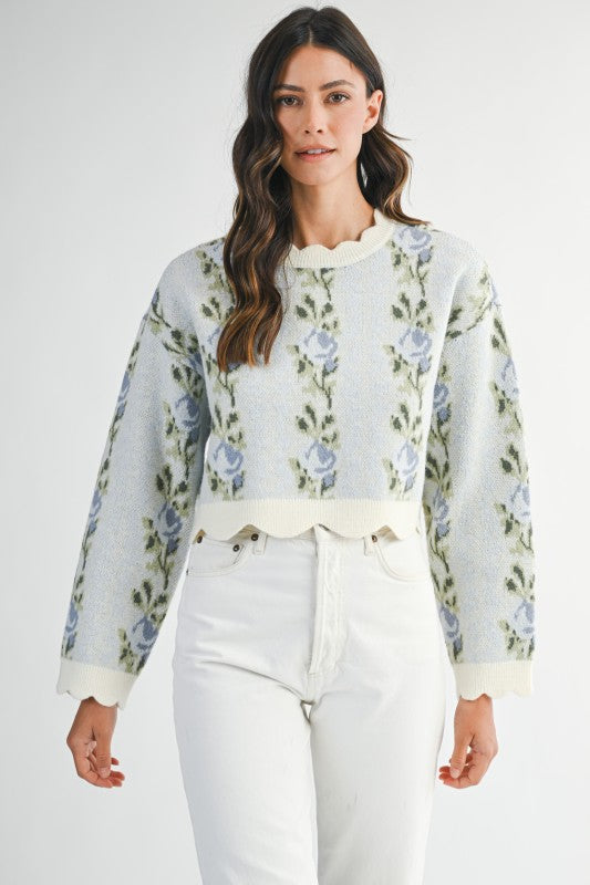 MBL Floral Scallop Sweater Blue