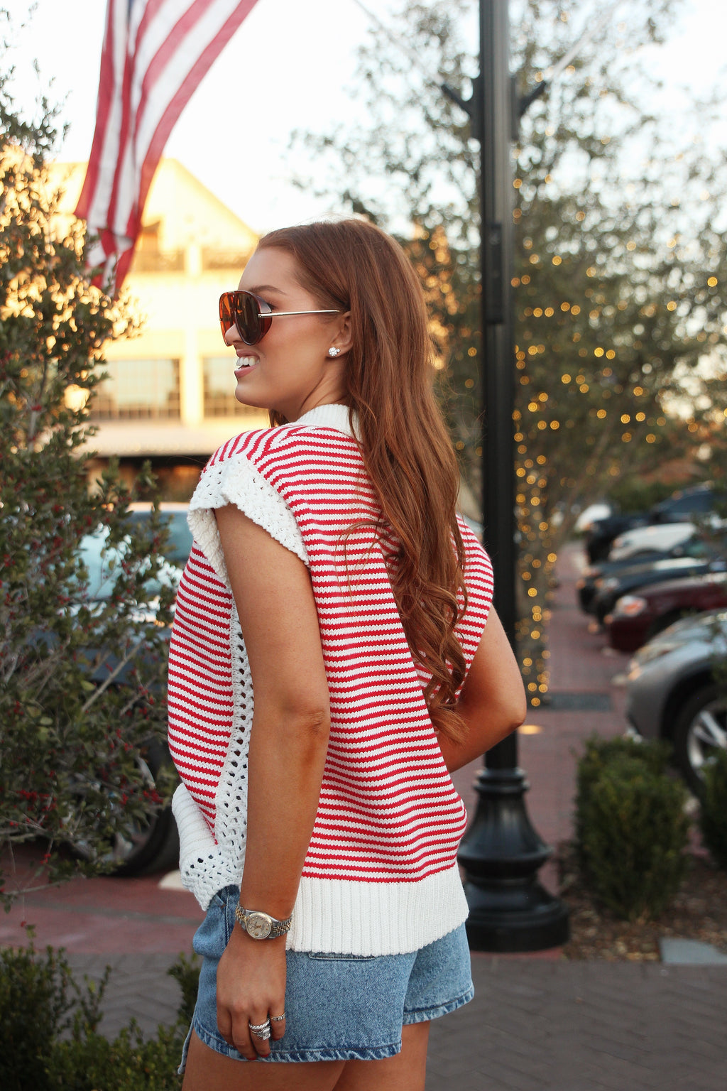 Karlie Stripe VNeck Slvless Sweater- Red