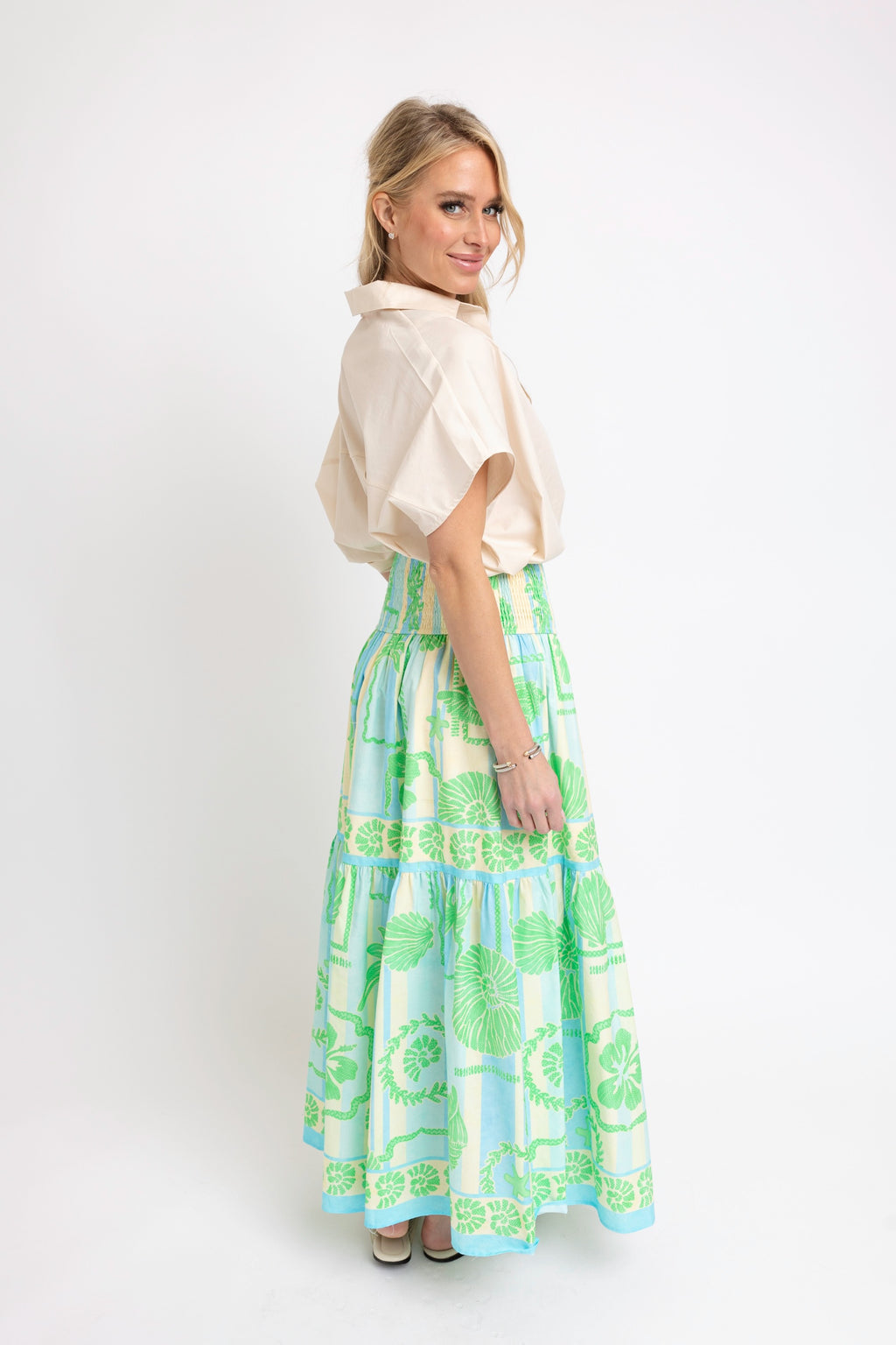 Karlie Seashell Poplin Midi Skirt- green