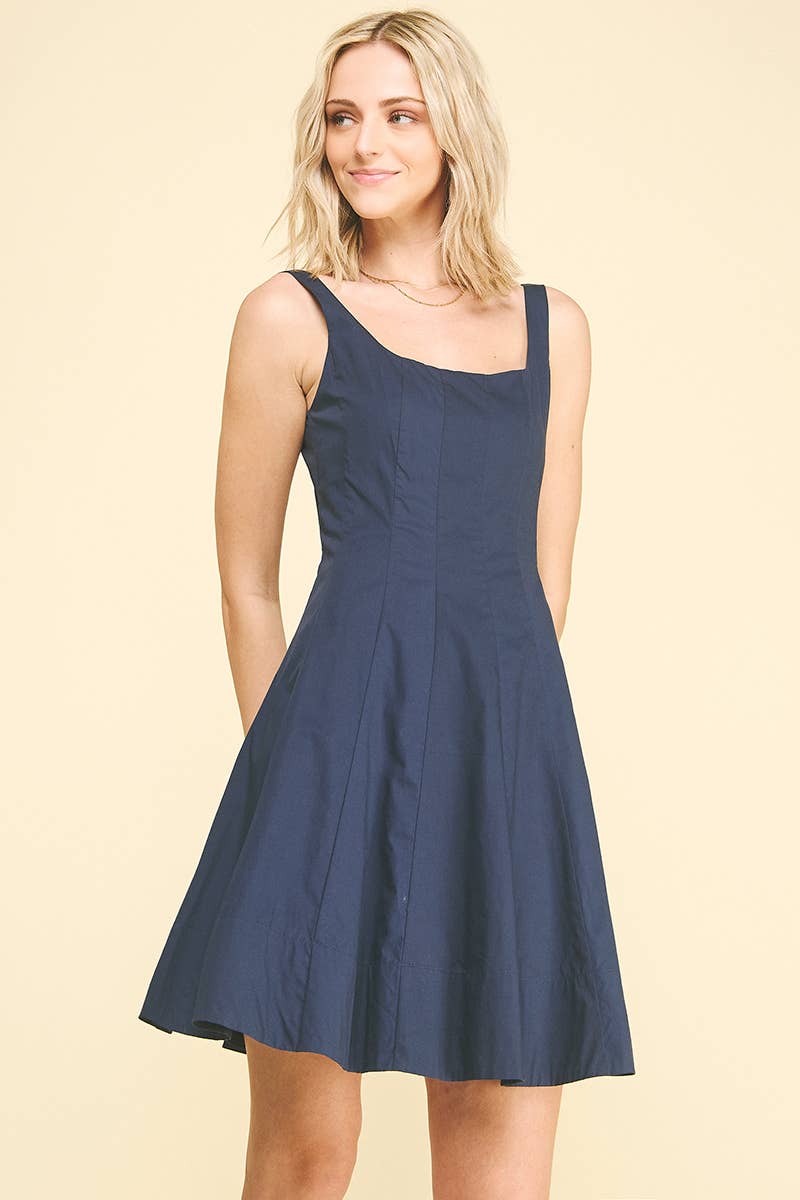 SQUARE NECK FLARED MINI DRESS
