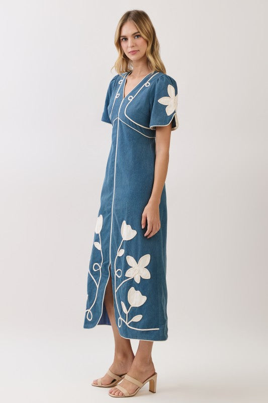 TC Denim Floral Appliqué Trim Midi