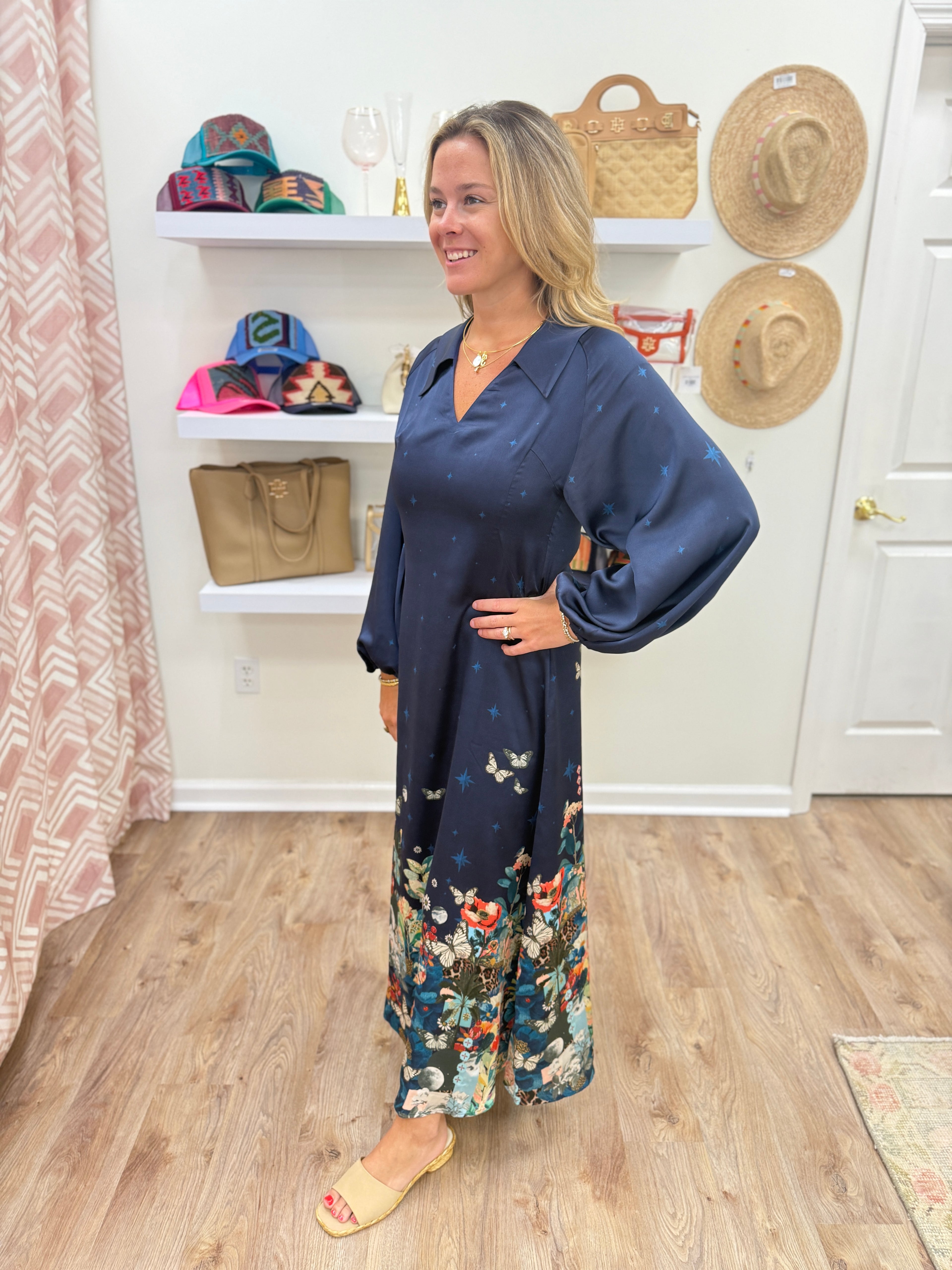Vilagallo LS Butterfly Floral Maxi- Navy