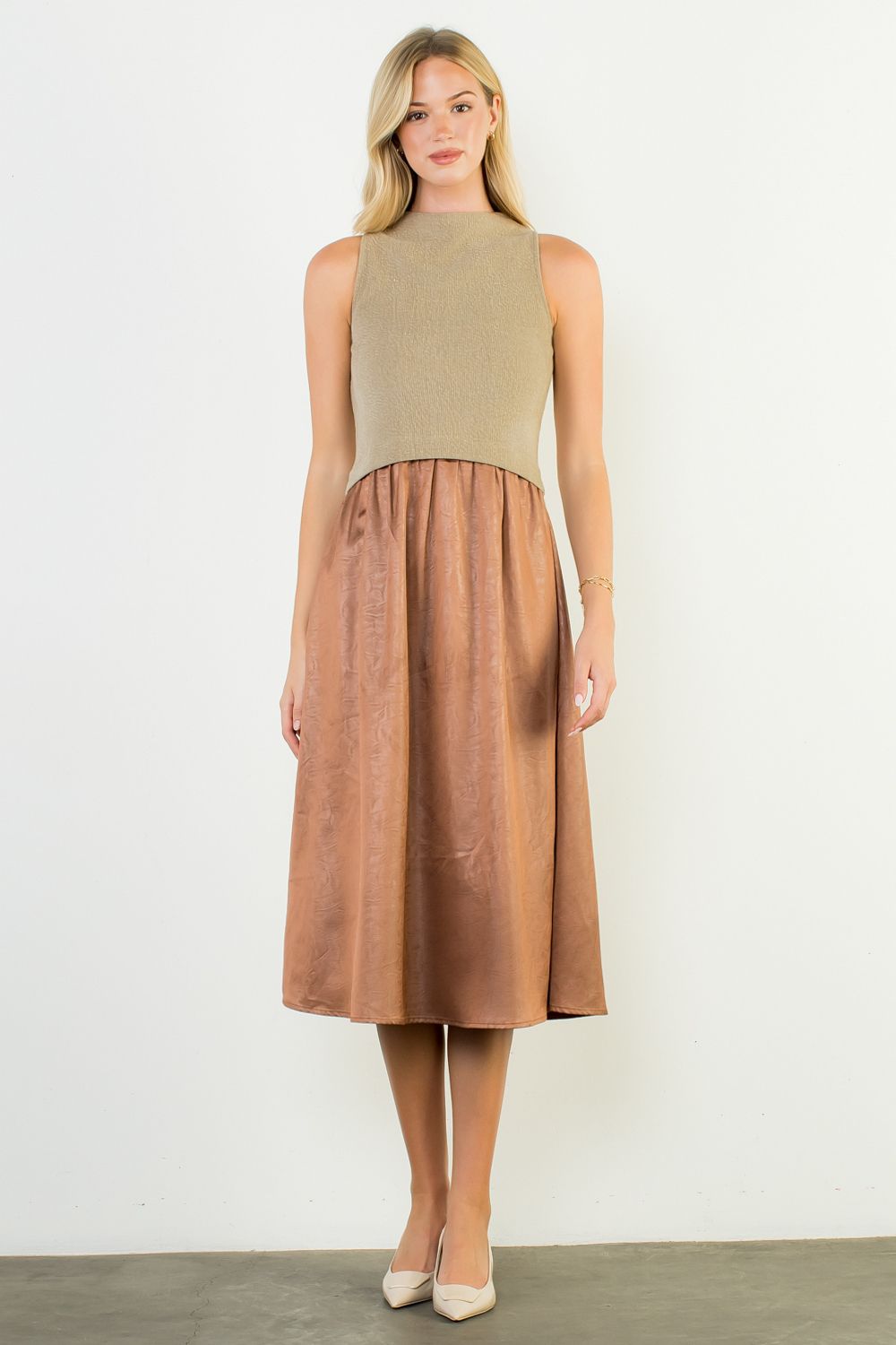THML Mixed Media Maxi Dress- Beige