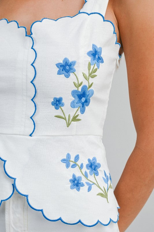 MBL Floral Embroidered Scallop Top- Blue