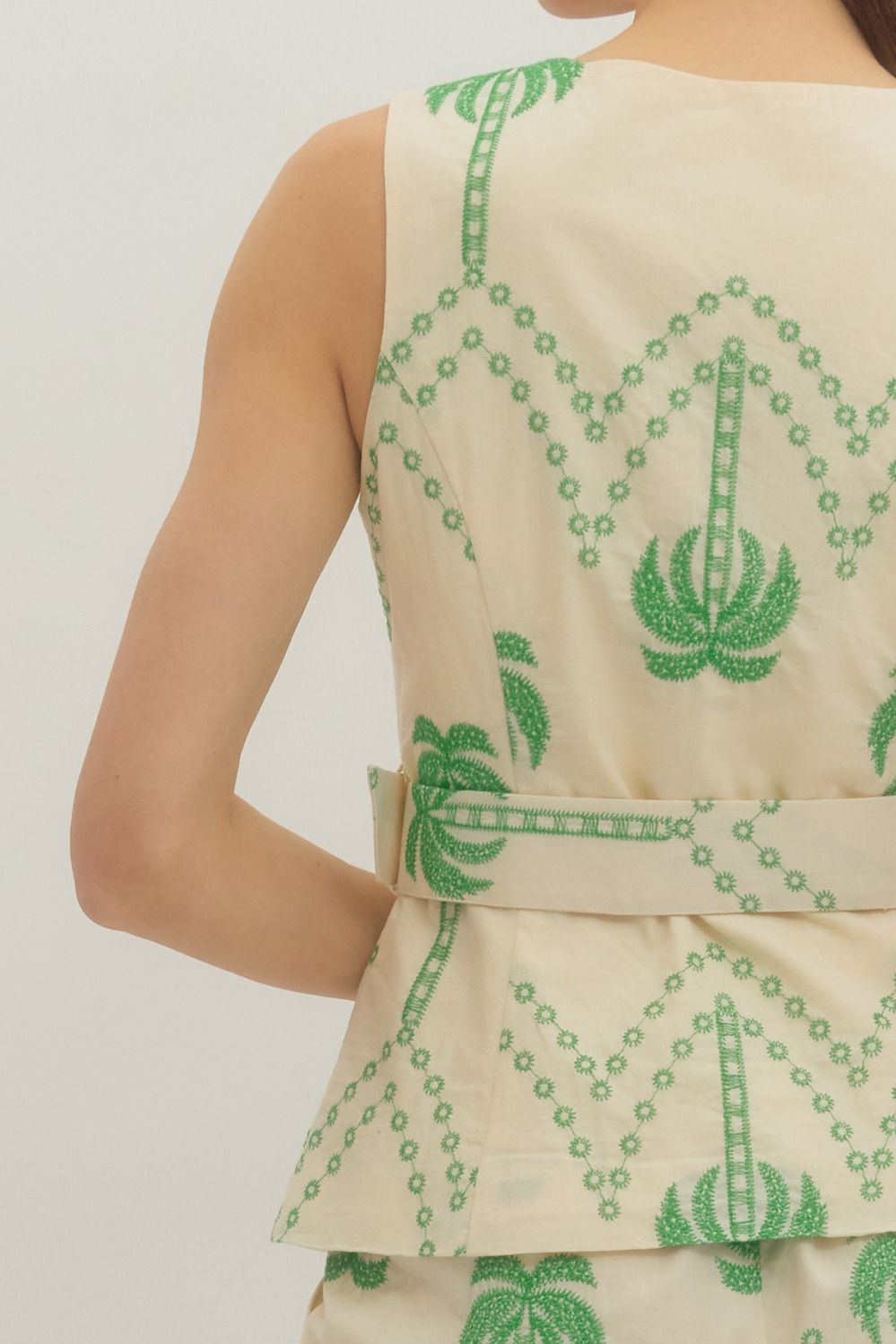 ETO Embroidered Palm Motif Peplum Short Set- Green