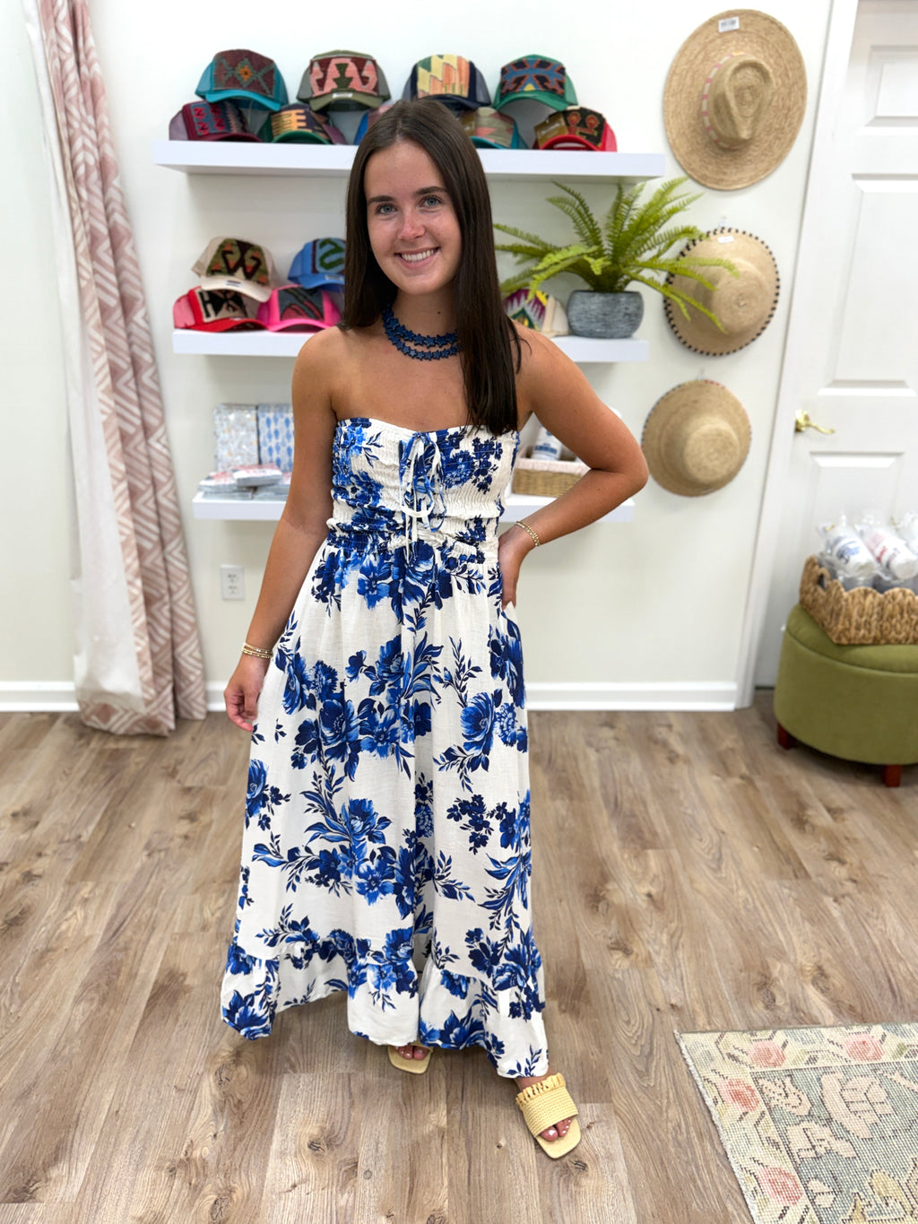 Milio Milano Strapless Floral Smock Maxi- Blue