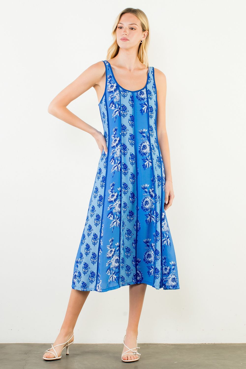 THML Floral Pattern Strap Dress- blue