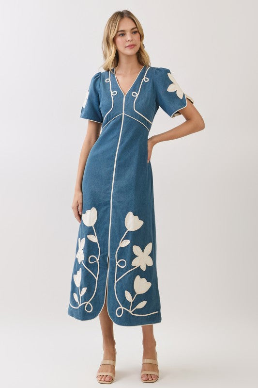 TC Denim Floral Appliqué Trim Midi