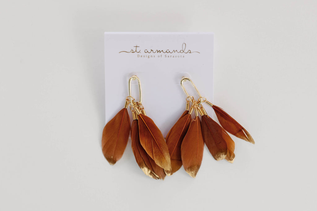 Caramel Gold Dipped Fall Feathers Statement Earrings