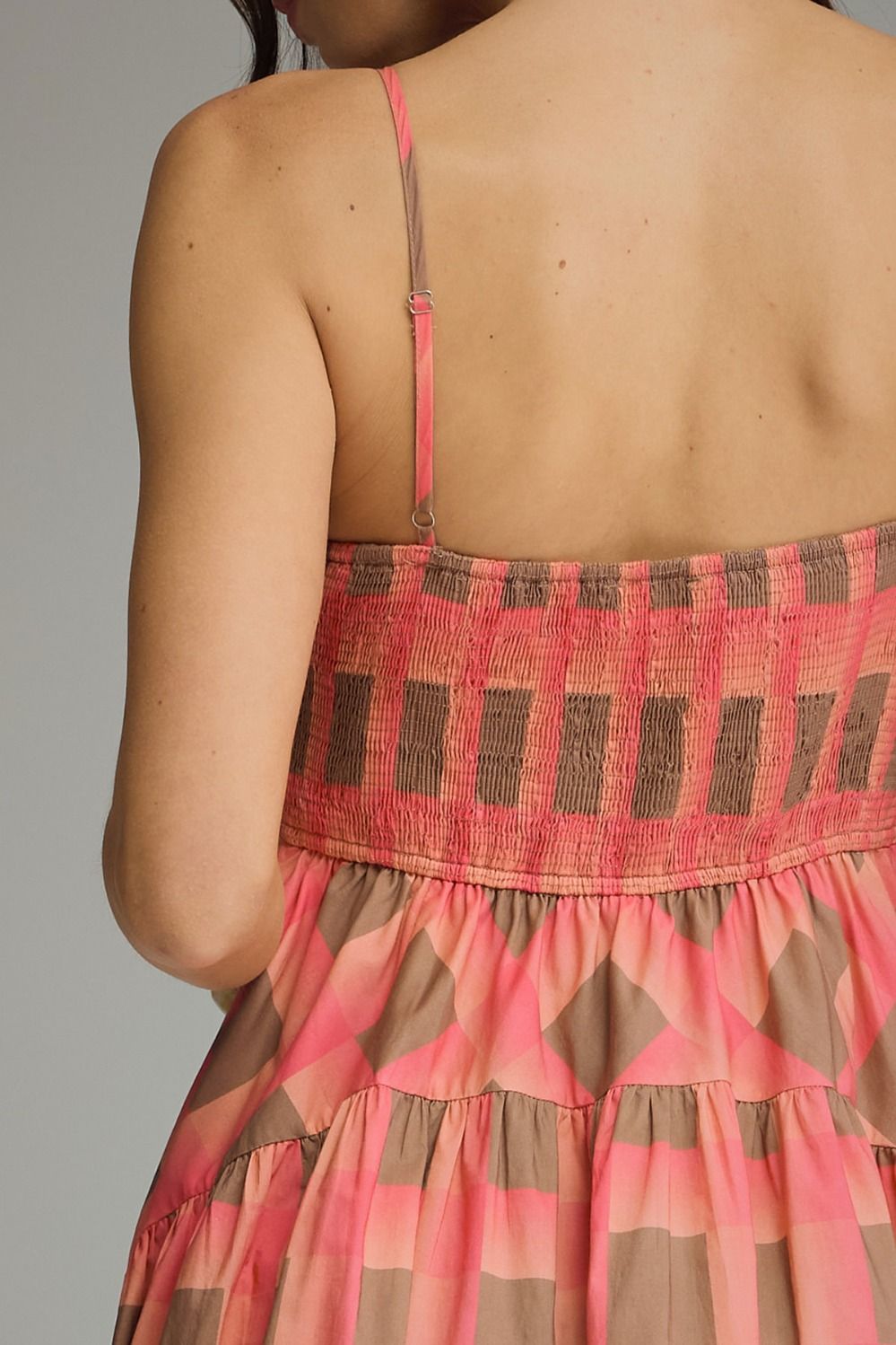 ETO Plaid Smock Back Midi Dress-coral