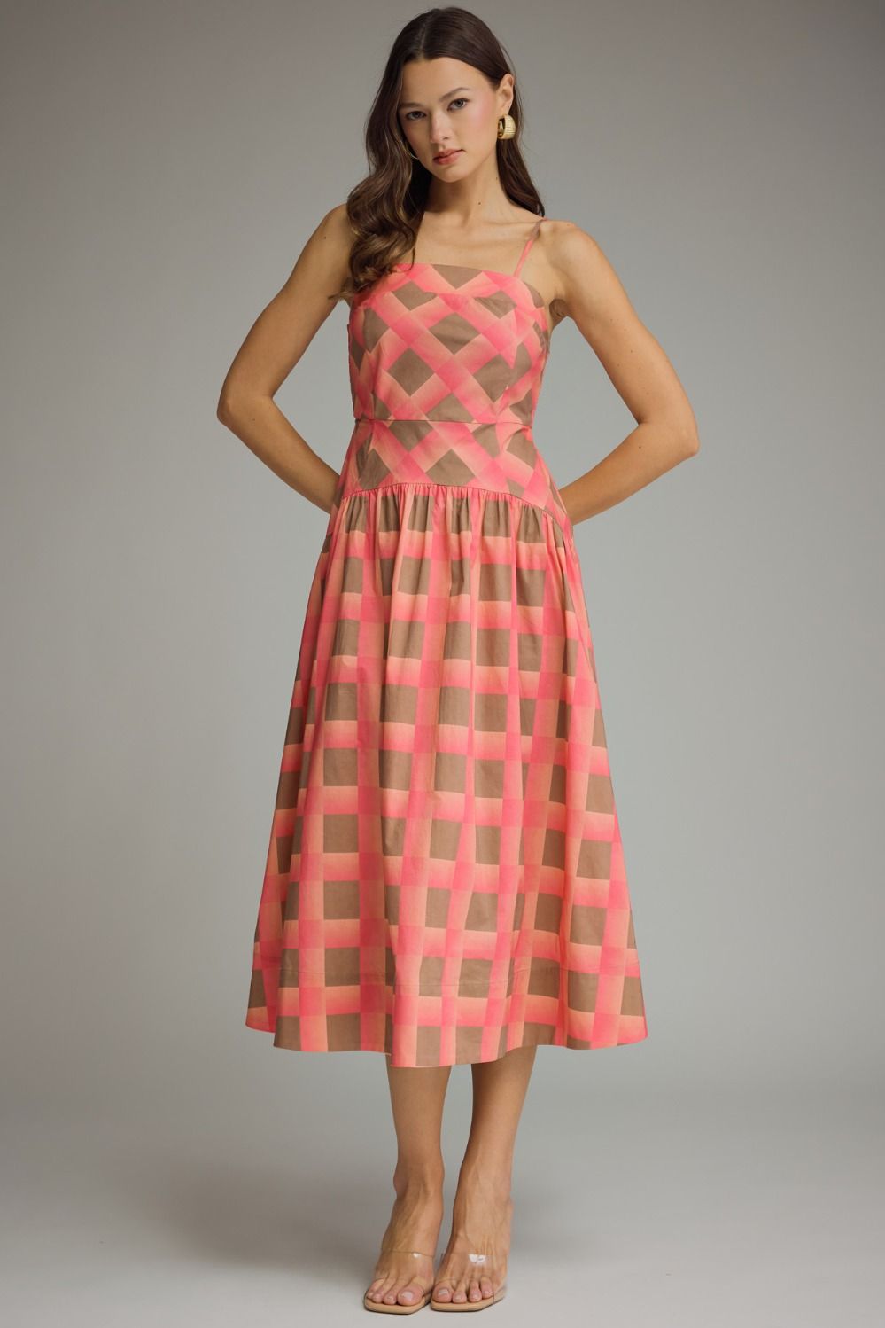 ETO Plaid Smock Back Midi Dress-coral
