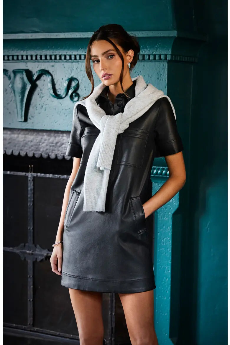 Kut Tatiana Leather Placket Dress- Black