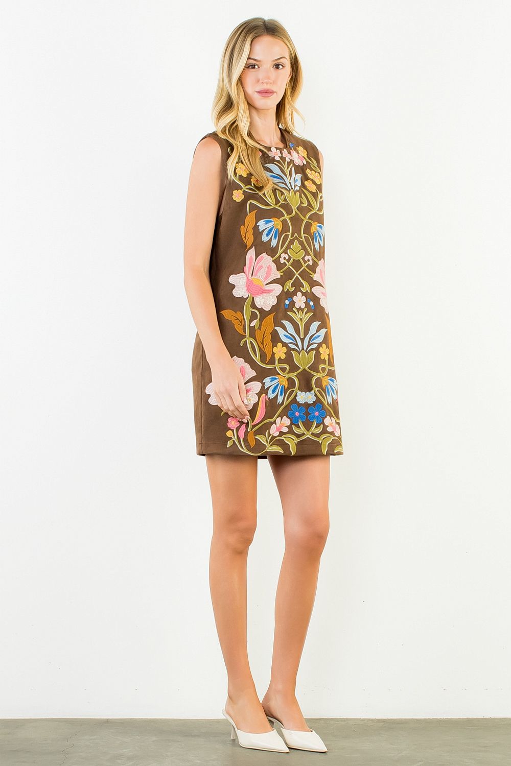 Thml Embroidered Floral Suede Dress
