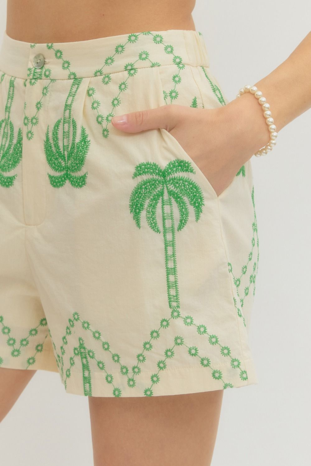 ETO Embroidered Palm Motif Peplum Short Set- Green