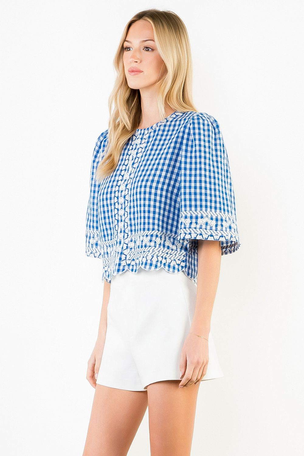 THML Gingham Embroidered Top- Blue