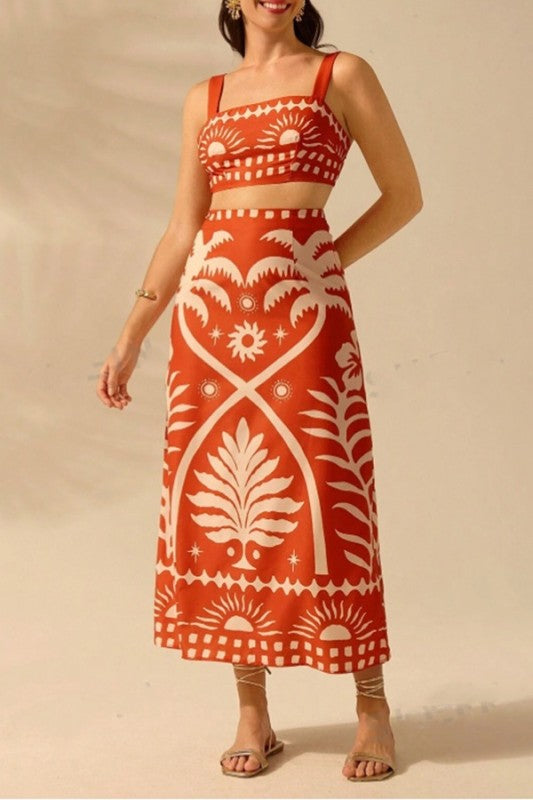SU Printed Square Neck Skirt & Top Set- rust