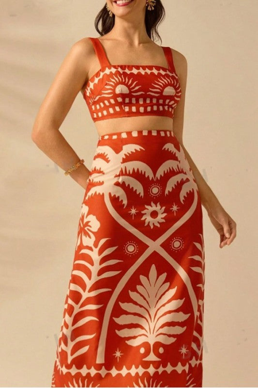 SU Printed Square Neck Skirt & Top Set- rust