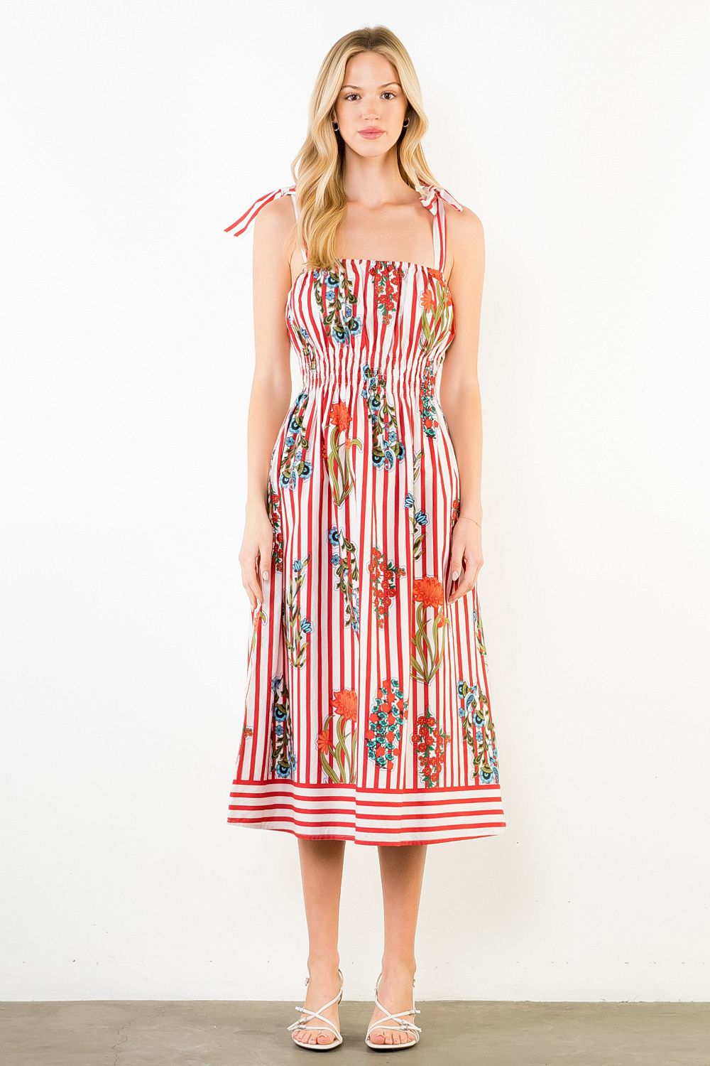 THML Tie Strap Floral Stripe Midi- red