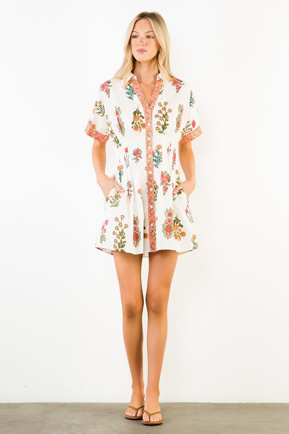 THML Short Sleeve Floral Dress w Trim- multi