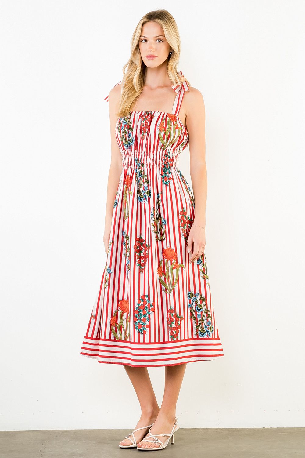 THML Tie Strap Floral Stripe Midi- red