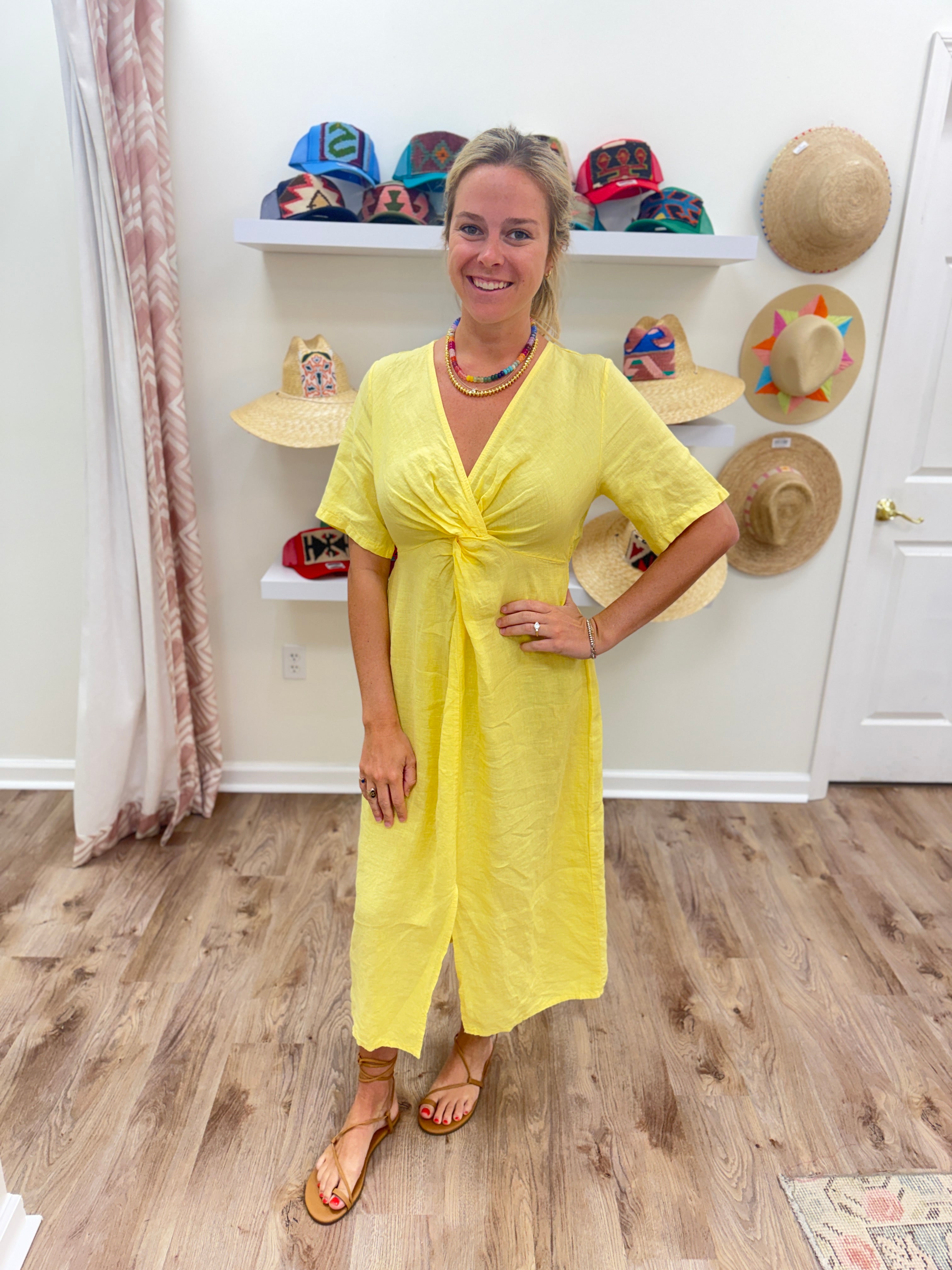 Milio Milano Twist Front Linen Midi- Yellow