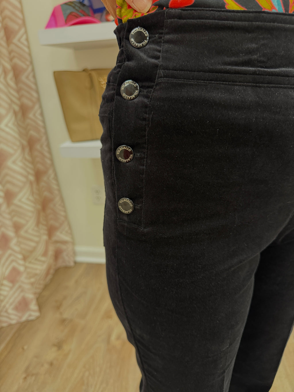 Vilagallo Velvet Side Button Pant- Black