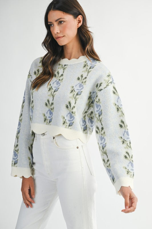 MBL Floral Scallop Sweater Blue