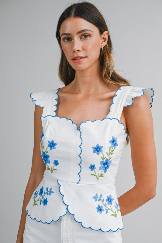 MBL Floral Embroidered Scallop Top- Blue