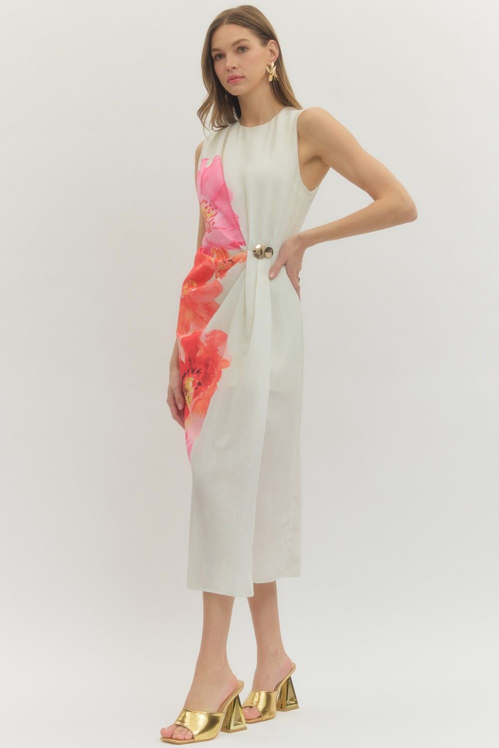 ETO Floral Slvless Midi Dress- Cream