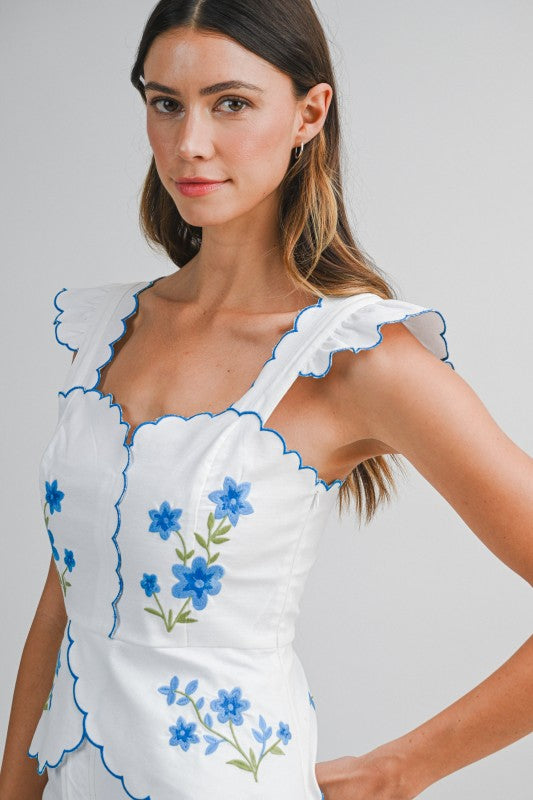 MBL Floral Embroidered Scallop Top- Blue