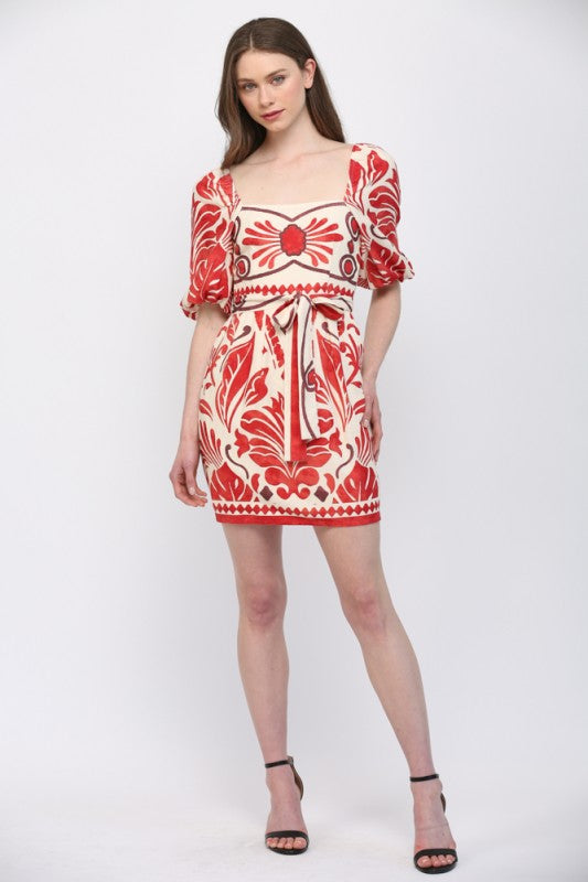 FT Tropical Linen Tie Waist Mini- Red