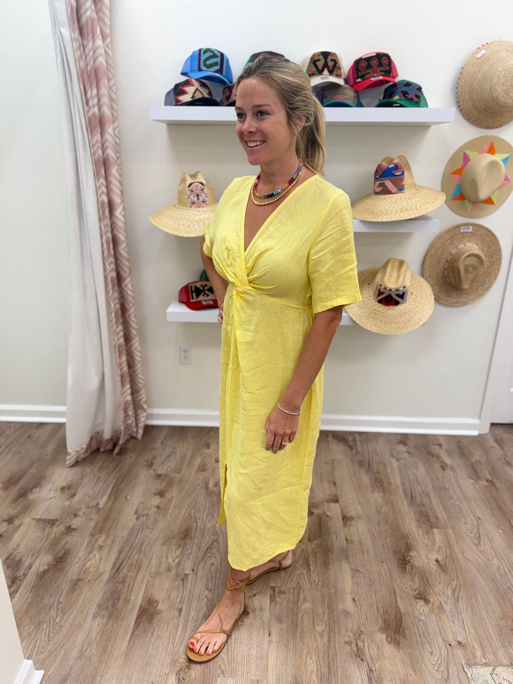 Milio Milano Twist Front Linen Midi- Yellow