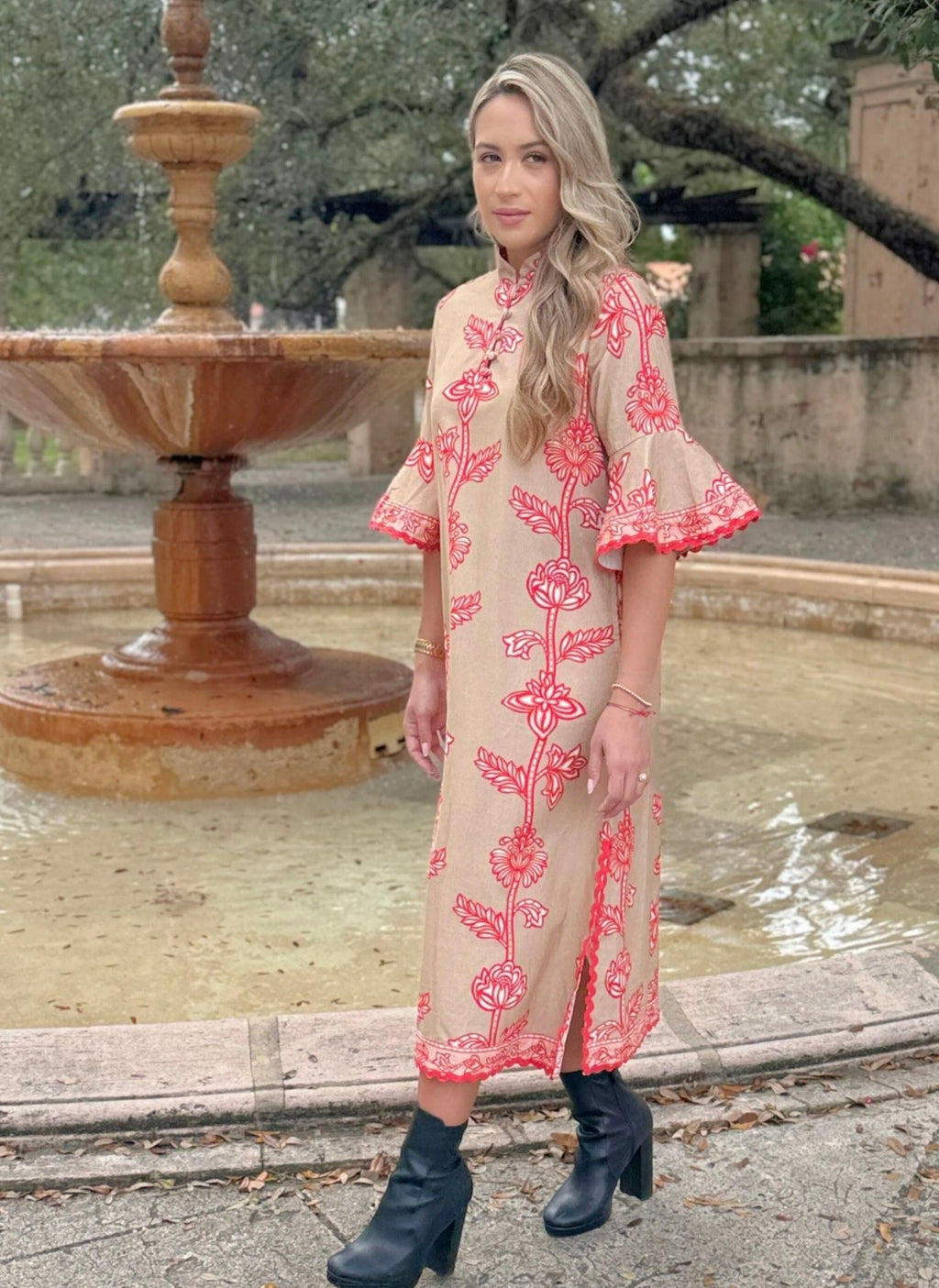 Isla Payal Como Midi Dress- Tan Multi
