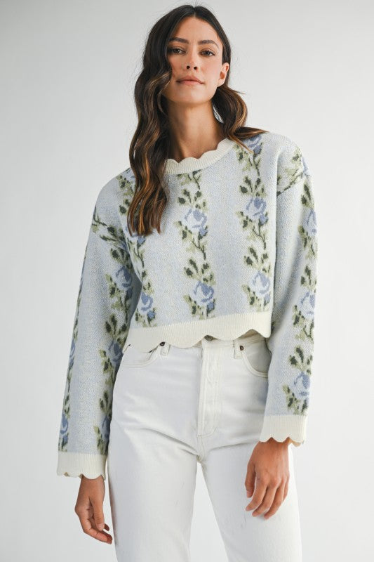 MBL Floral Scallop Sweater Blue