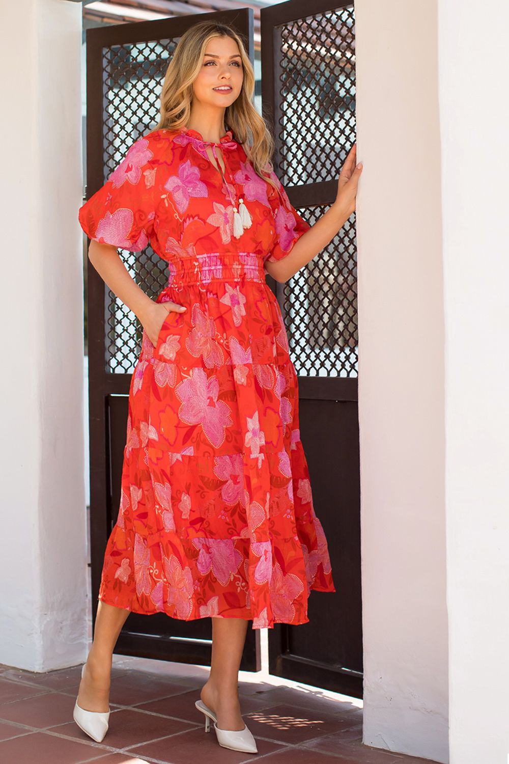 THML Floral Tiered Maxi- Org/Pnk