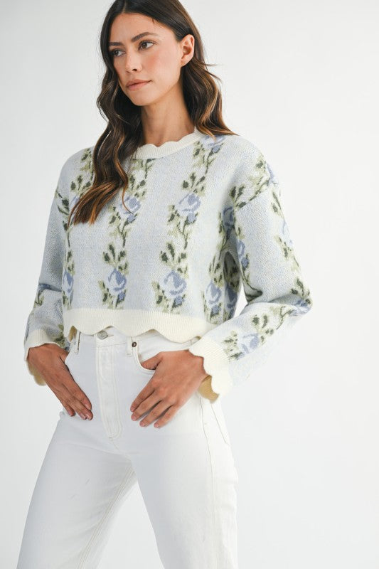 MBL Floral Scallop Sweater Blue