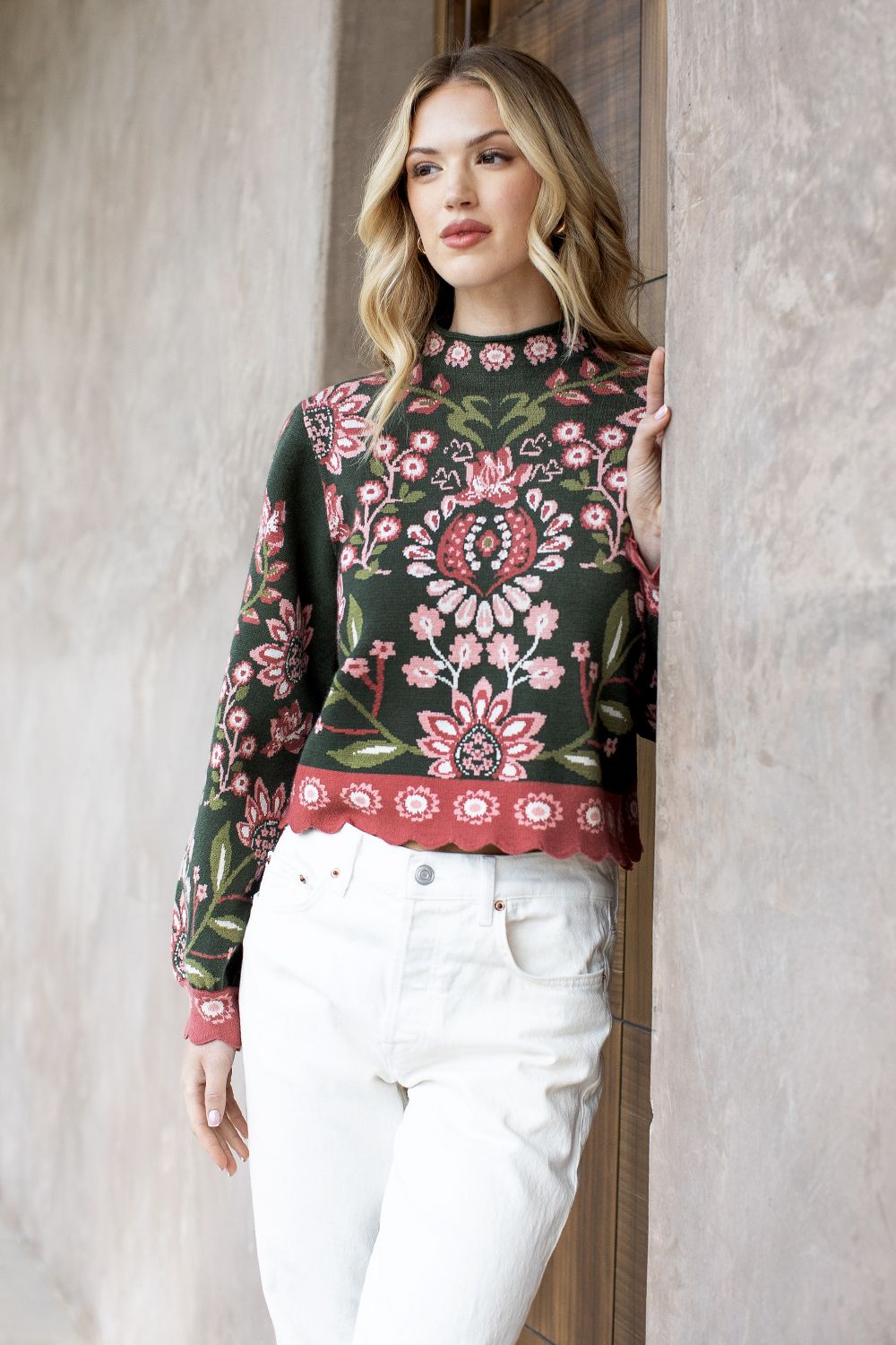 THML LS Floral Knit Sweater