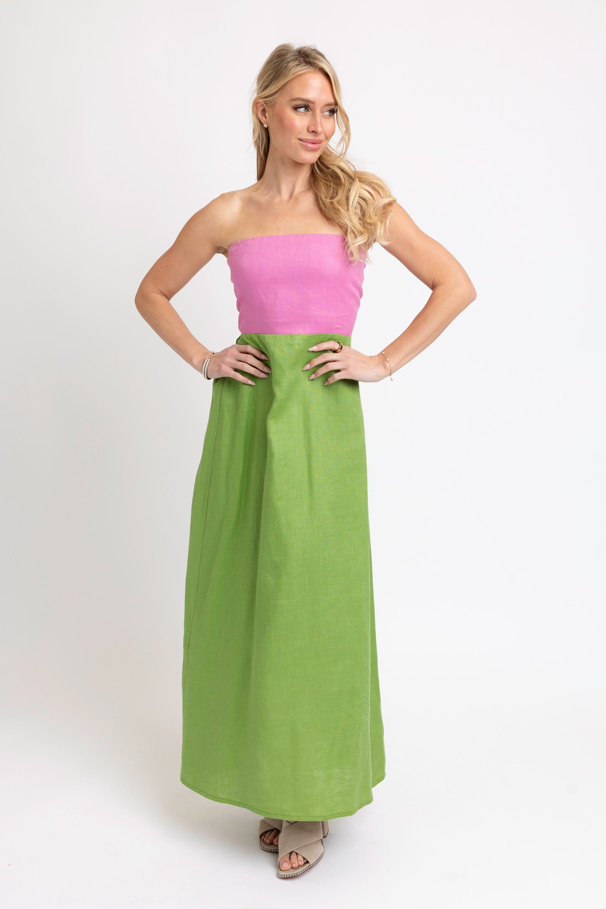Karlie Linen Block Strapless Maxi- grn/pnk