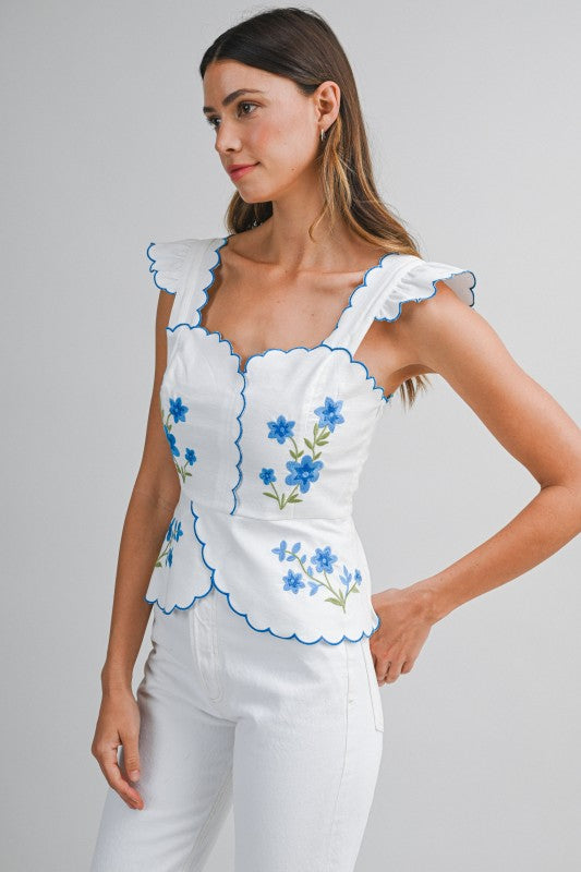 MBL Floral Embroidered Scallop Top- Blue