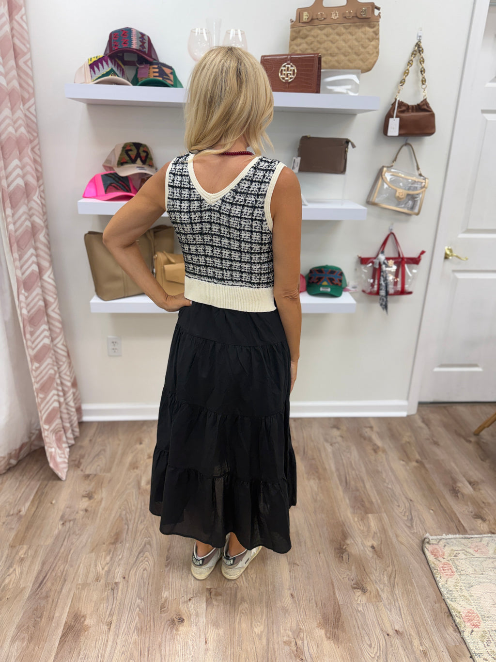 Apricot Dogtooth Mixed Media Dress- black
