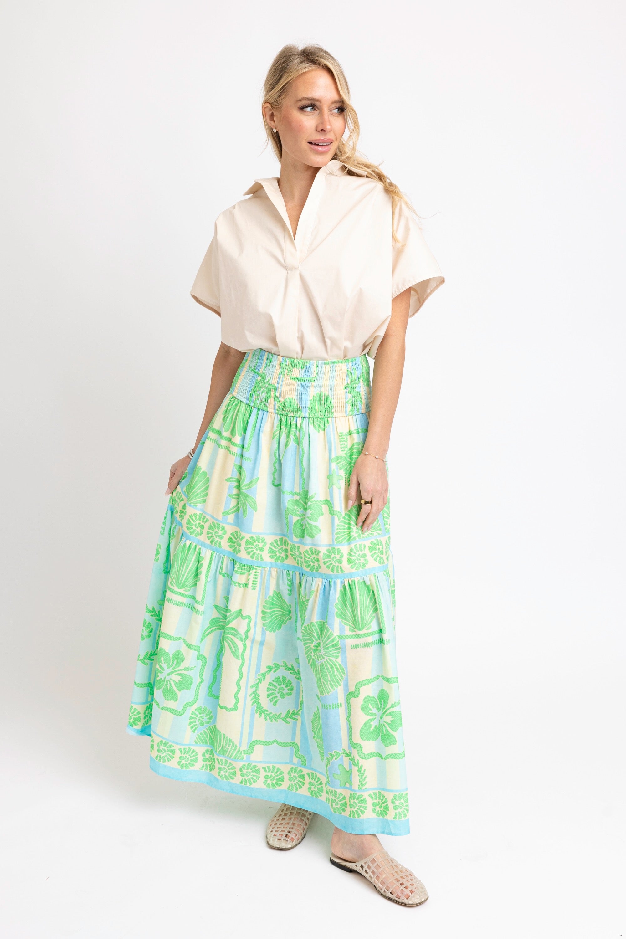 Karlie Seashell Poplin Midi Skirt- green