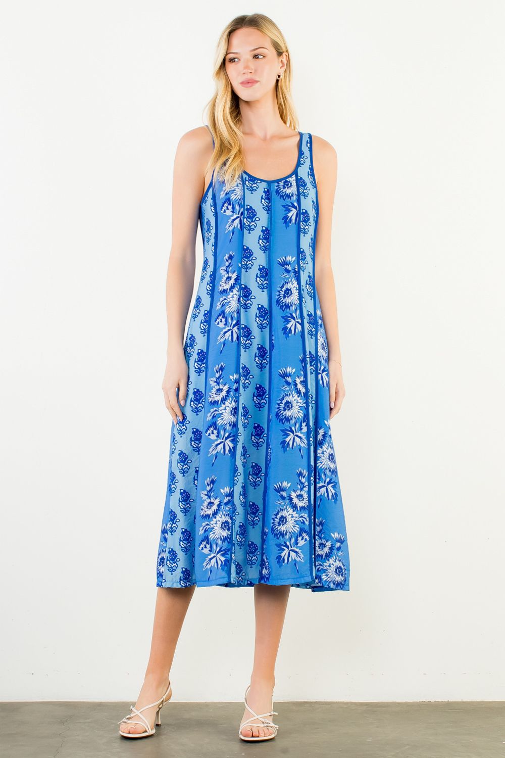 THML Floral Pattern Strap Dress- blue