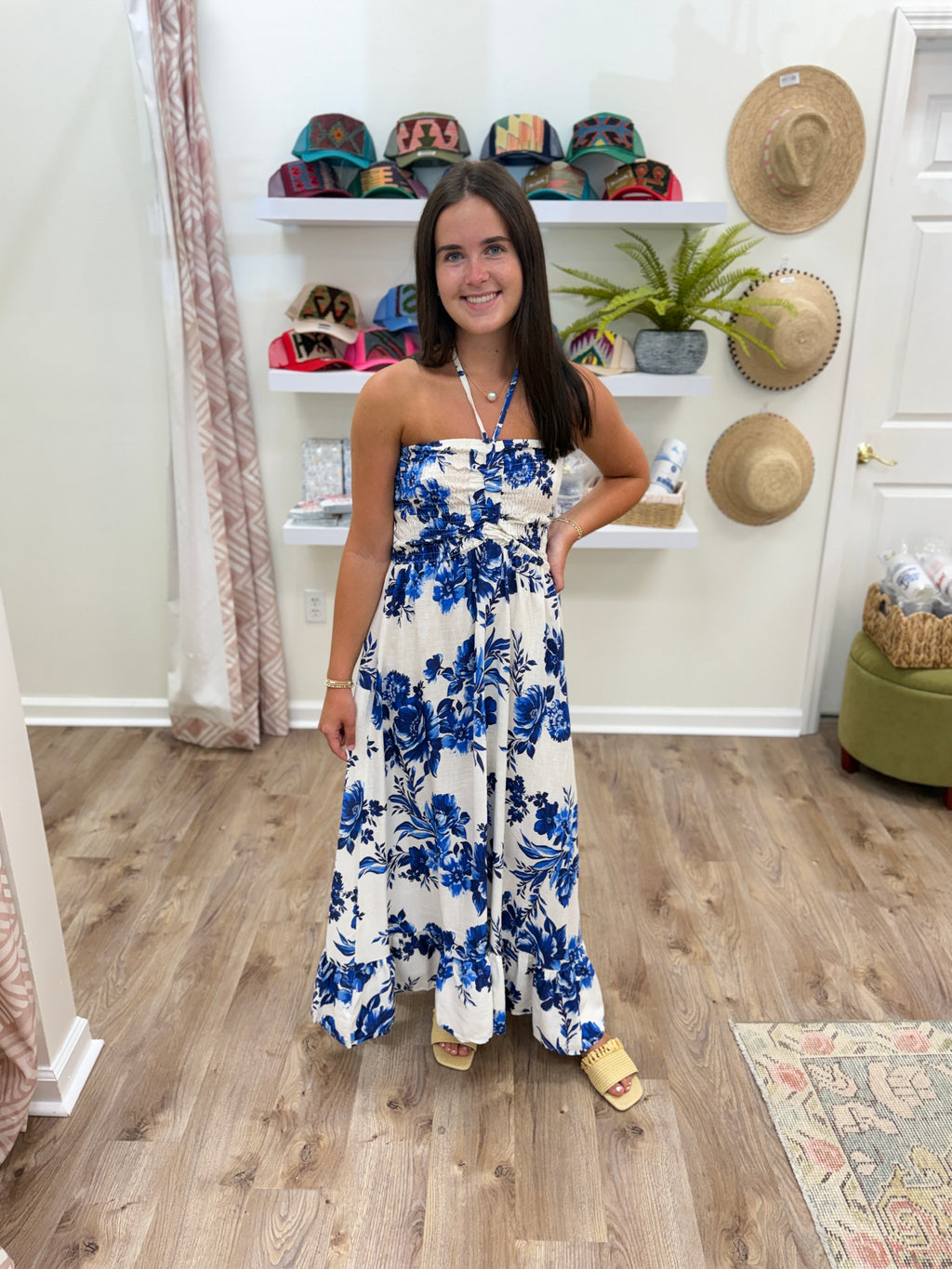 Milio Milano Strapless Floral Smock Maxi- Blue